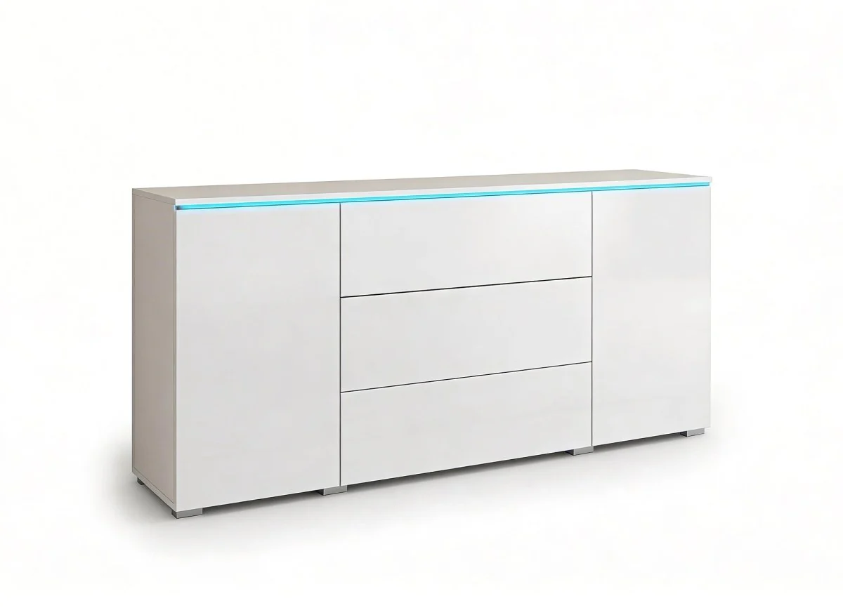 Buffet commode 2 portes 3 tiroirs blanc avec LED - ALEXIA - Image 3
