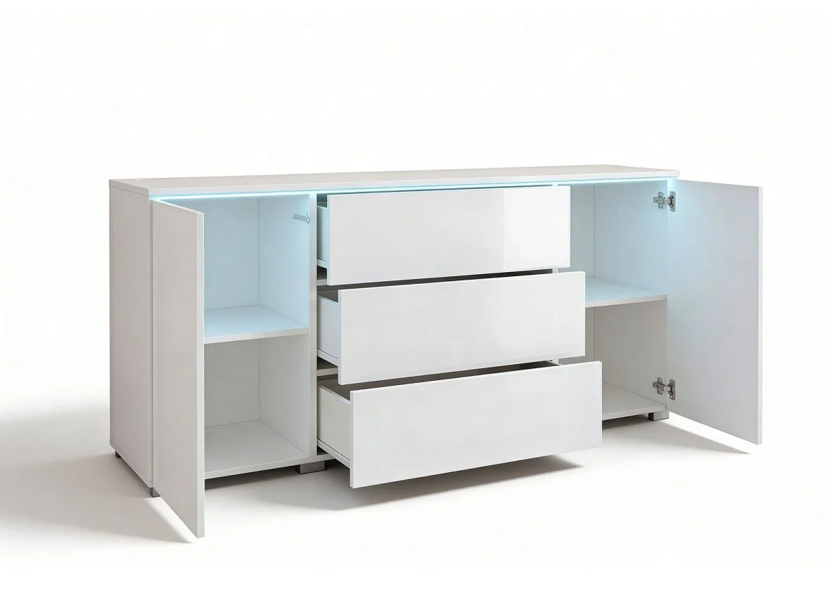 Buffet commode 2 portes 3 tiroirs blanc avec LED - ALEXIA - Image 4