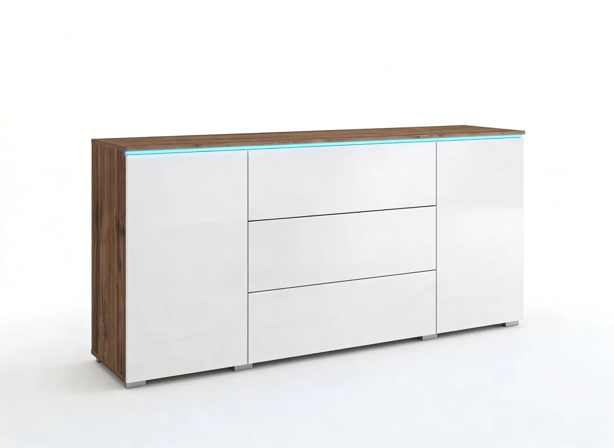 Buffet commode 2 portes 3 tiroirs chêne et blanc avec LED - ALEXIA - Image 3