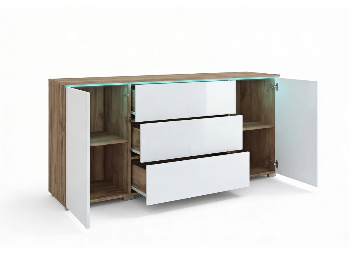 Buffet commode 2 portes 3 tiroirs chêne et blanc avec LED - ALEXIA - Image 4