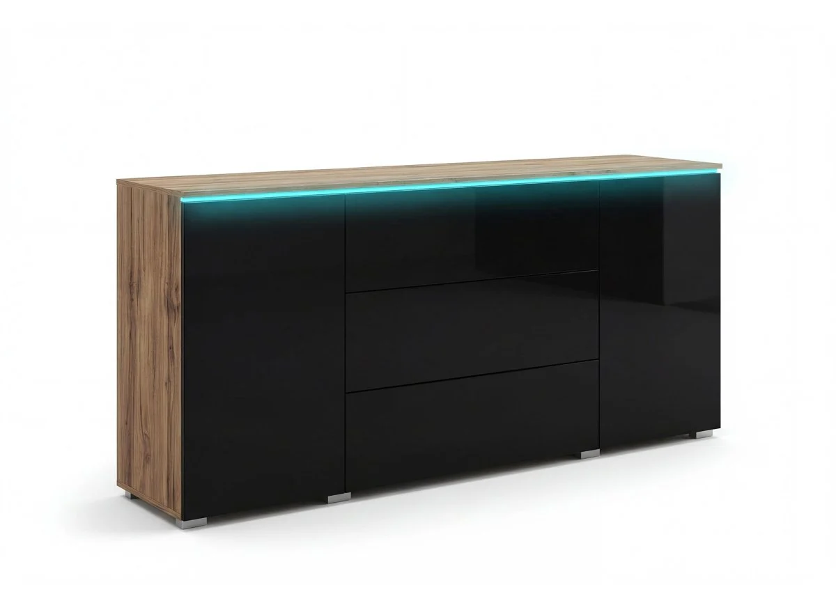 Buffet commode 2 portes 3 tiroirs chêne et noir avec LED - ALEXIA - Image 3