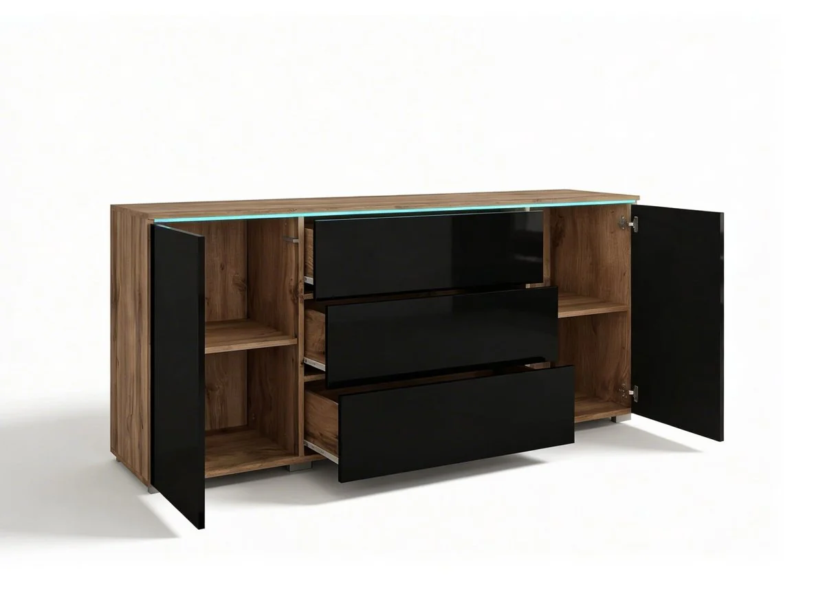 Buffet commode 2 portes 3 tiroirs chêne et noir avec LED - ALEXIA - Image 4