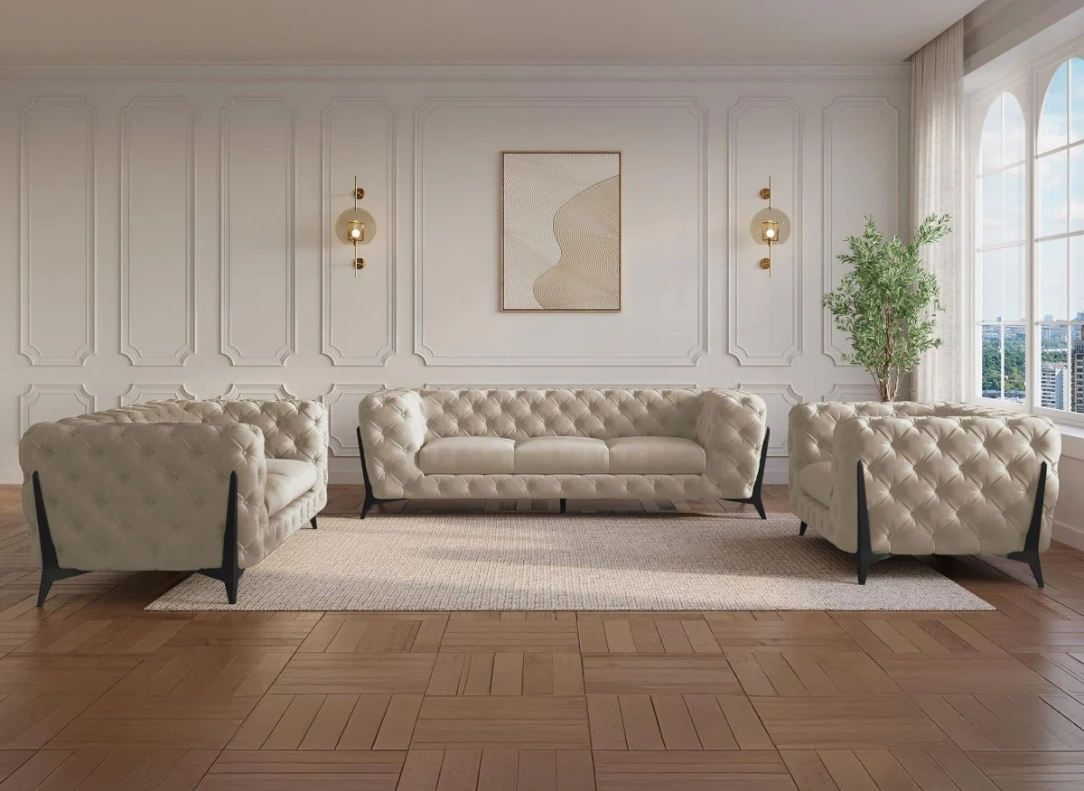 Canapé fixe 2 places capitonné chesterfield velours beige CARMEN - Image 3