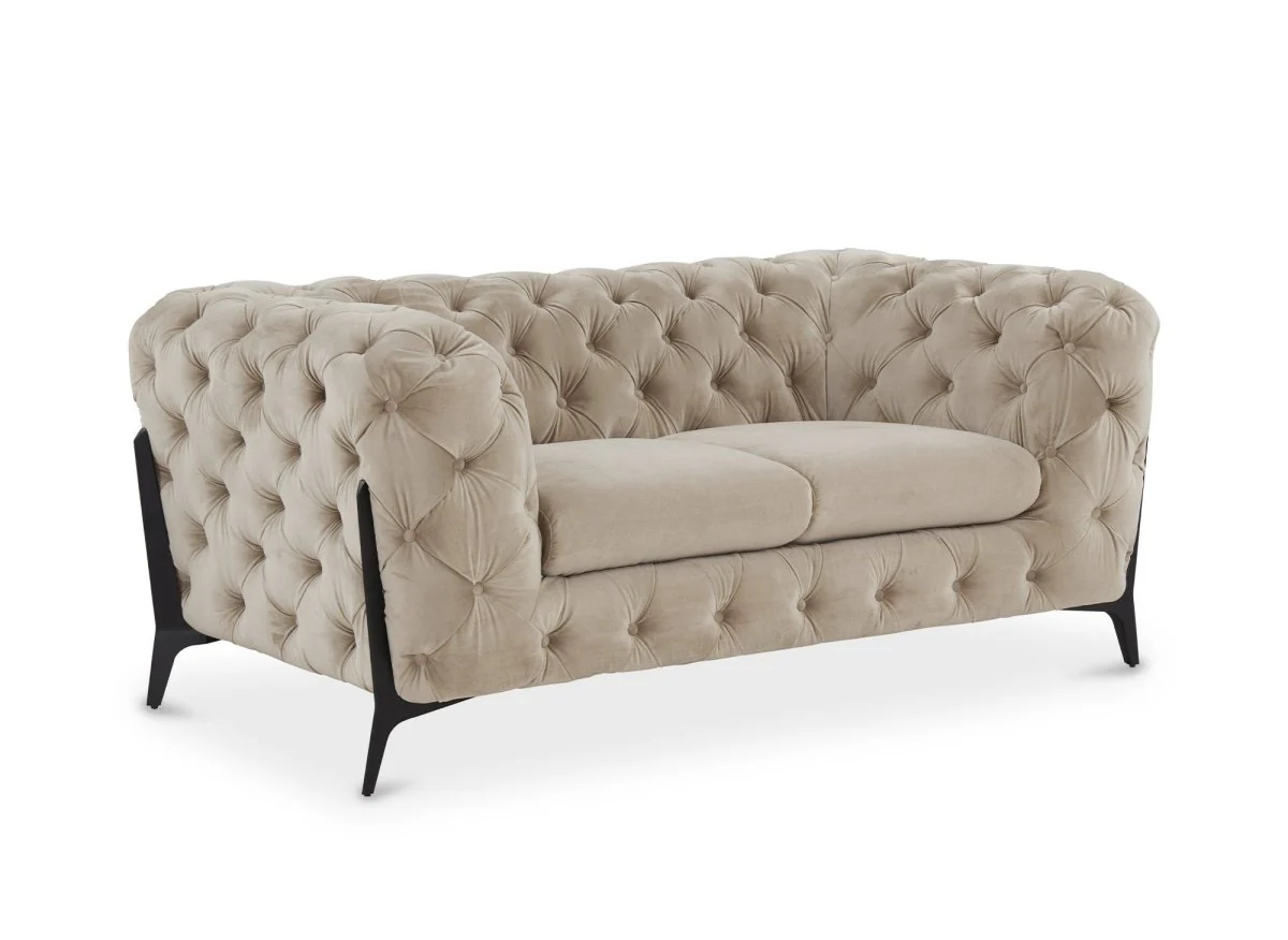 Canapé fixe 2 places capitonné chesterfield velours beige CARMEN - Image 4