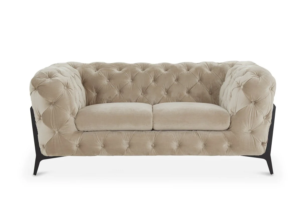 Canapé fixe 2 places capitonné chesterfield velours beige CARMEN - Image 5