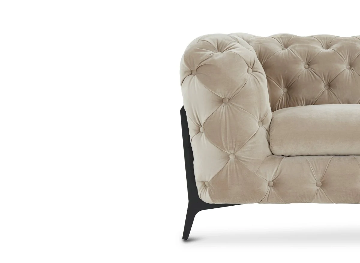 Canapé fixe 2 places capitonné chesterfield velours beige CARMEN - Image 8