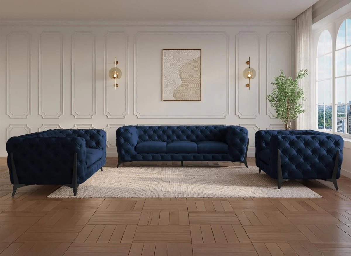 Canapé fixe 2 places capitonné chesterfield velours bleu CARMEN - Image 3