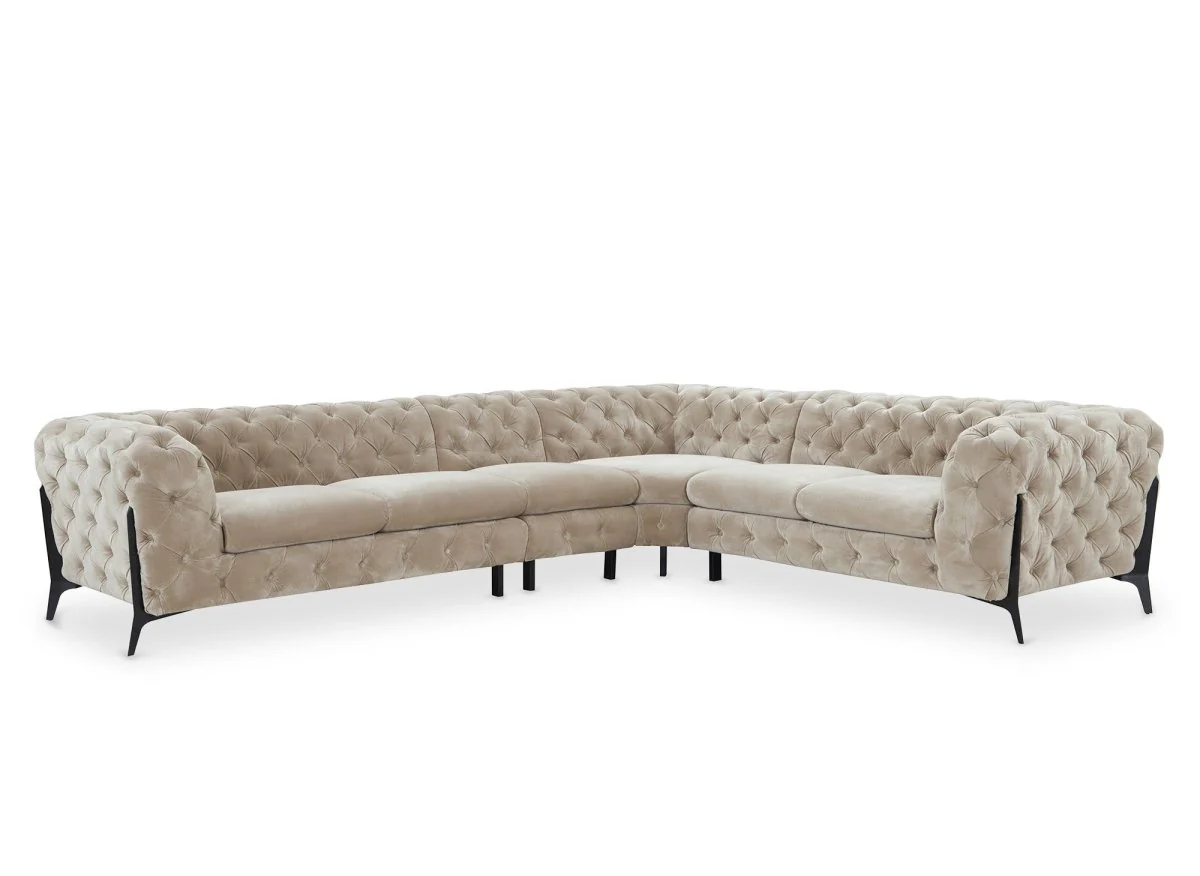 Canapé capitonné chesterfield d'angle réversible en velours beige CARMEN - Image 3