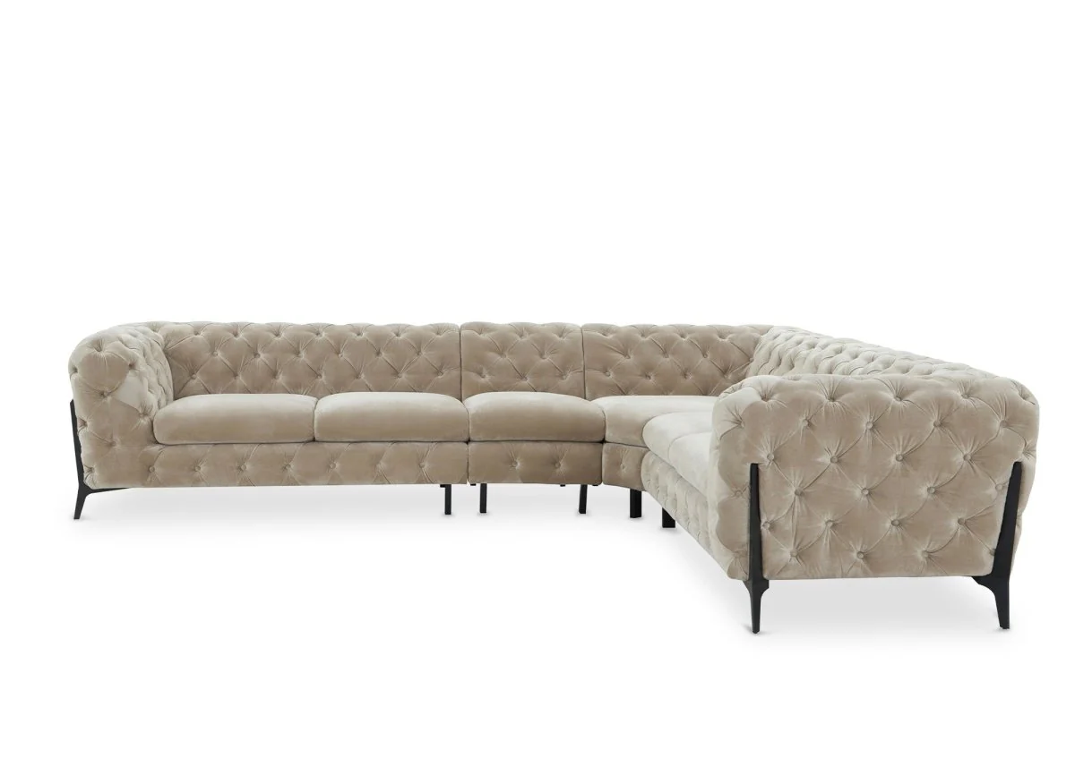 Canapé capitonné chesterfield d'angle réversible en velours beige CARMEN - Image 4