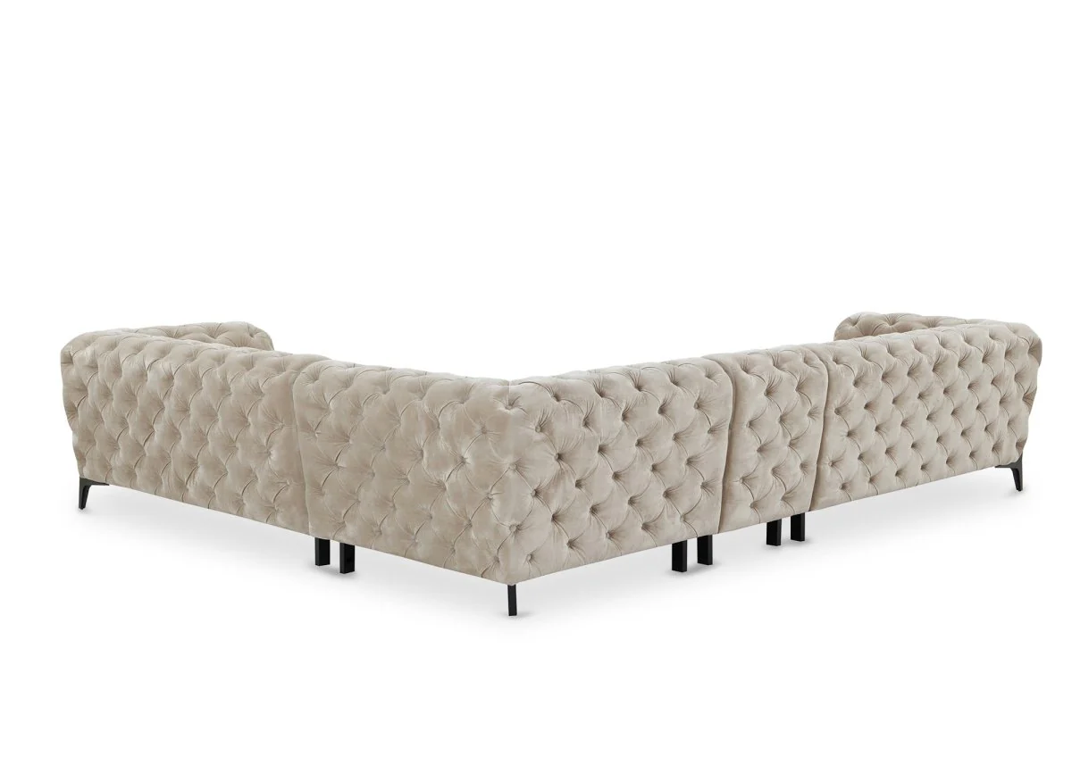 Canapé capitonné chesterfield d'angle réversible en velours beige CARMEN - Image 5