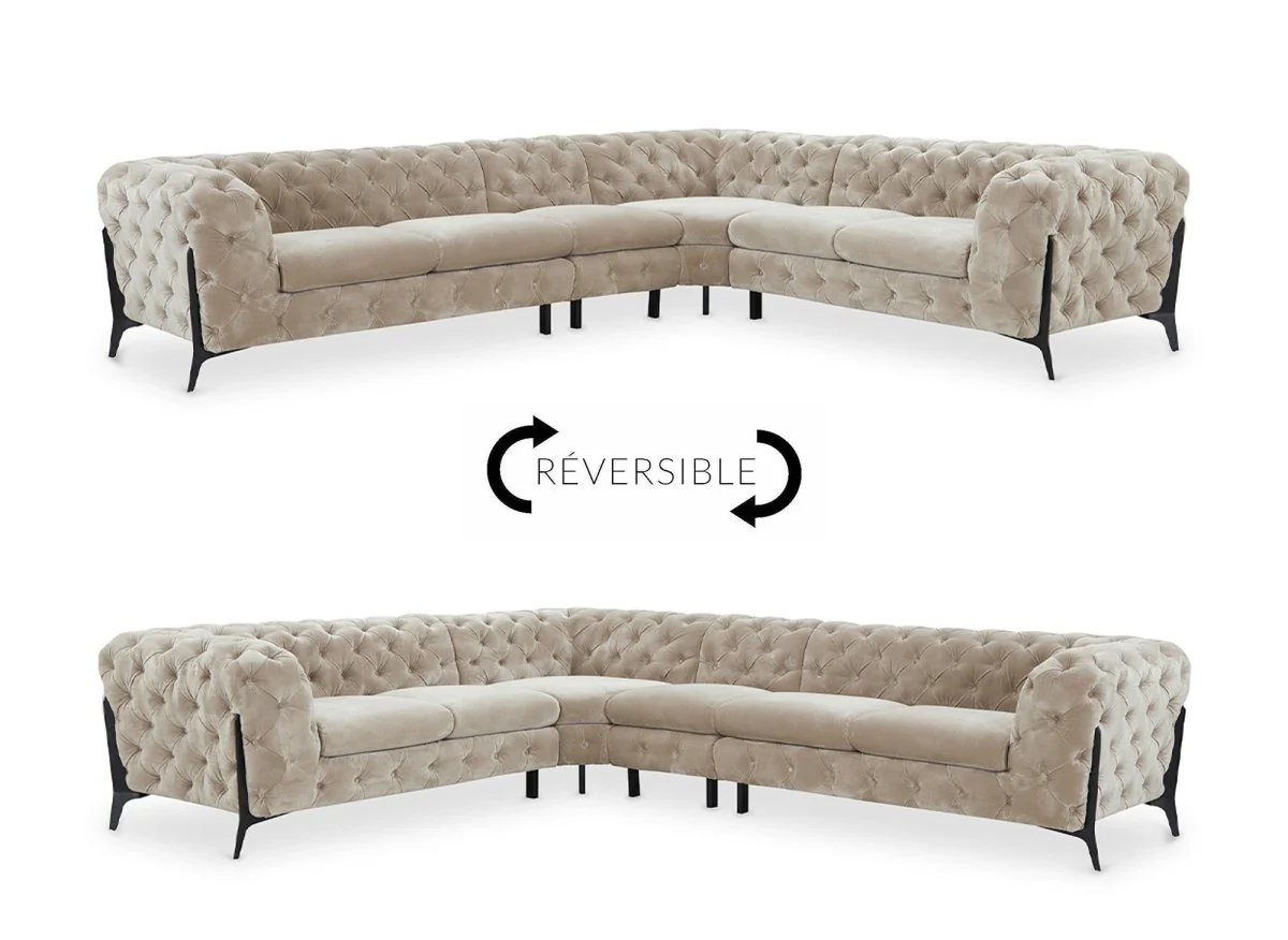 Canapé capitonné chesterfield d'angle réversible en velours beige CARMEN - Image 9