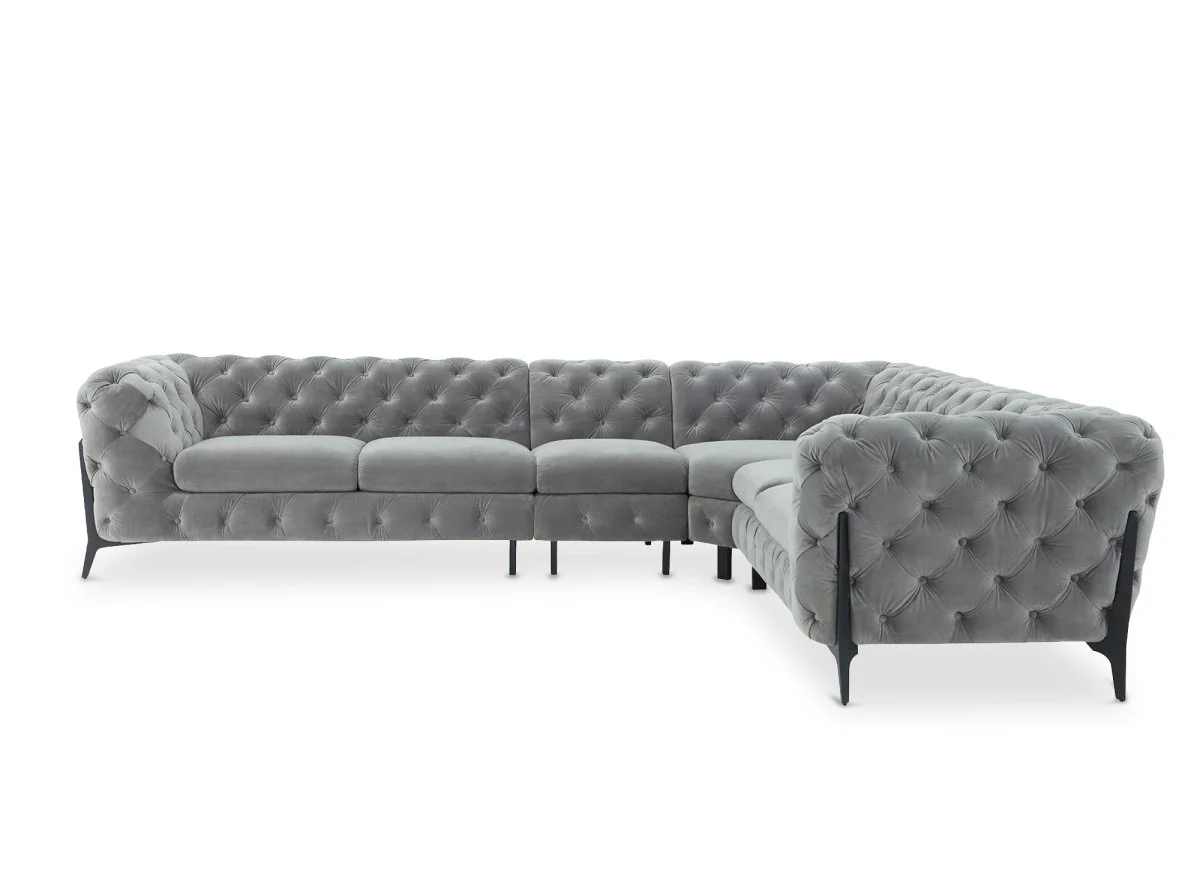 Canapé capitonné chesterfield d'angle réversible en velours gris CARMEN - Image 4