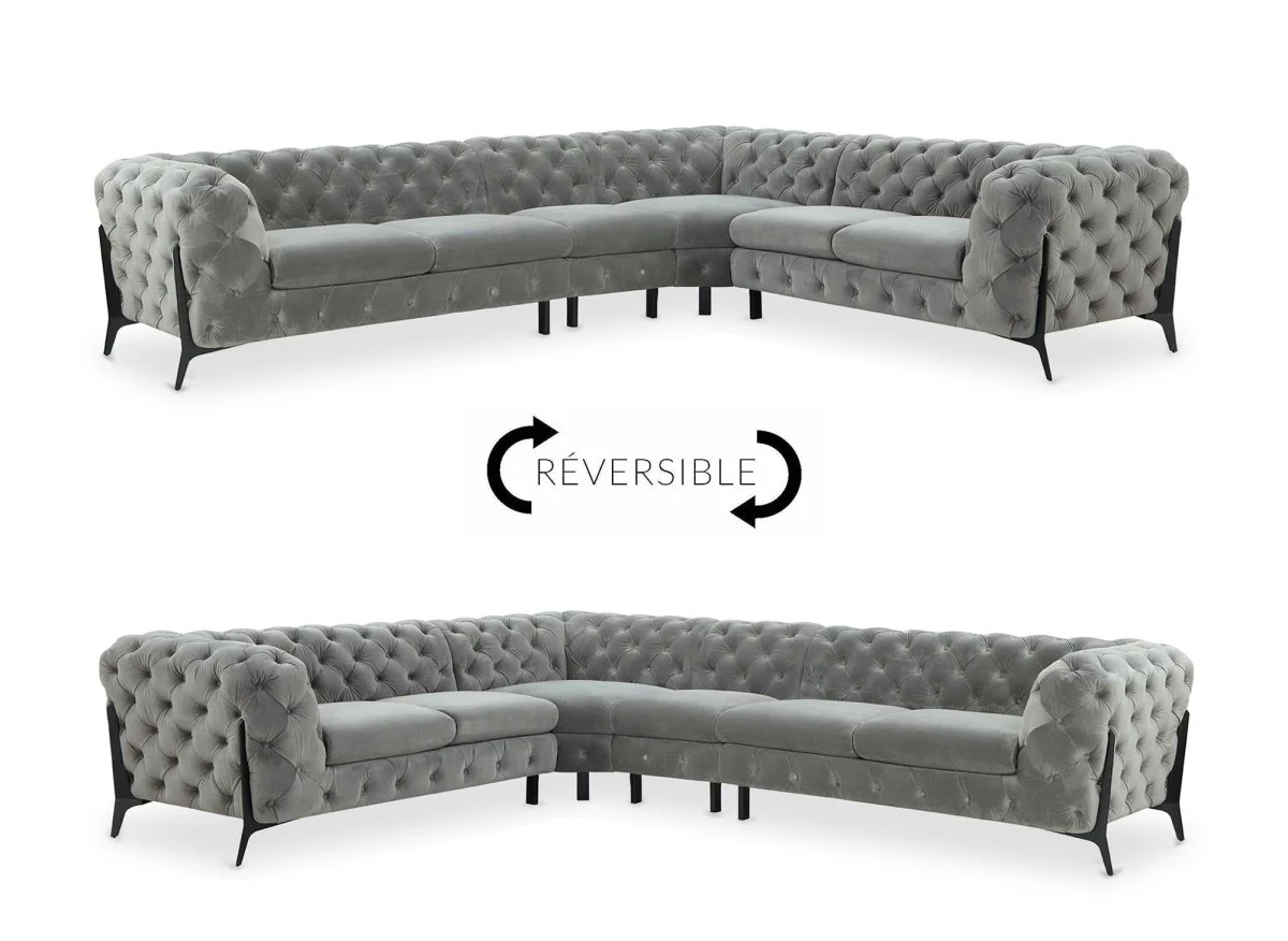 Canapé capitonné chesterfield d'angle réversible en velours gris CARMEN - Image 9