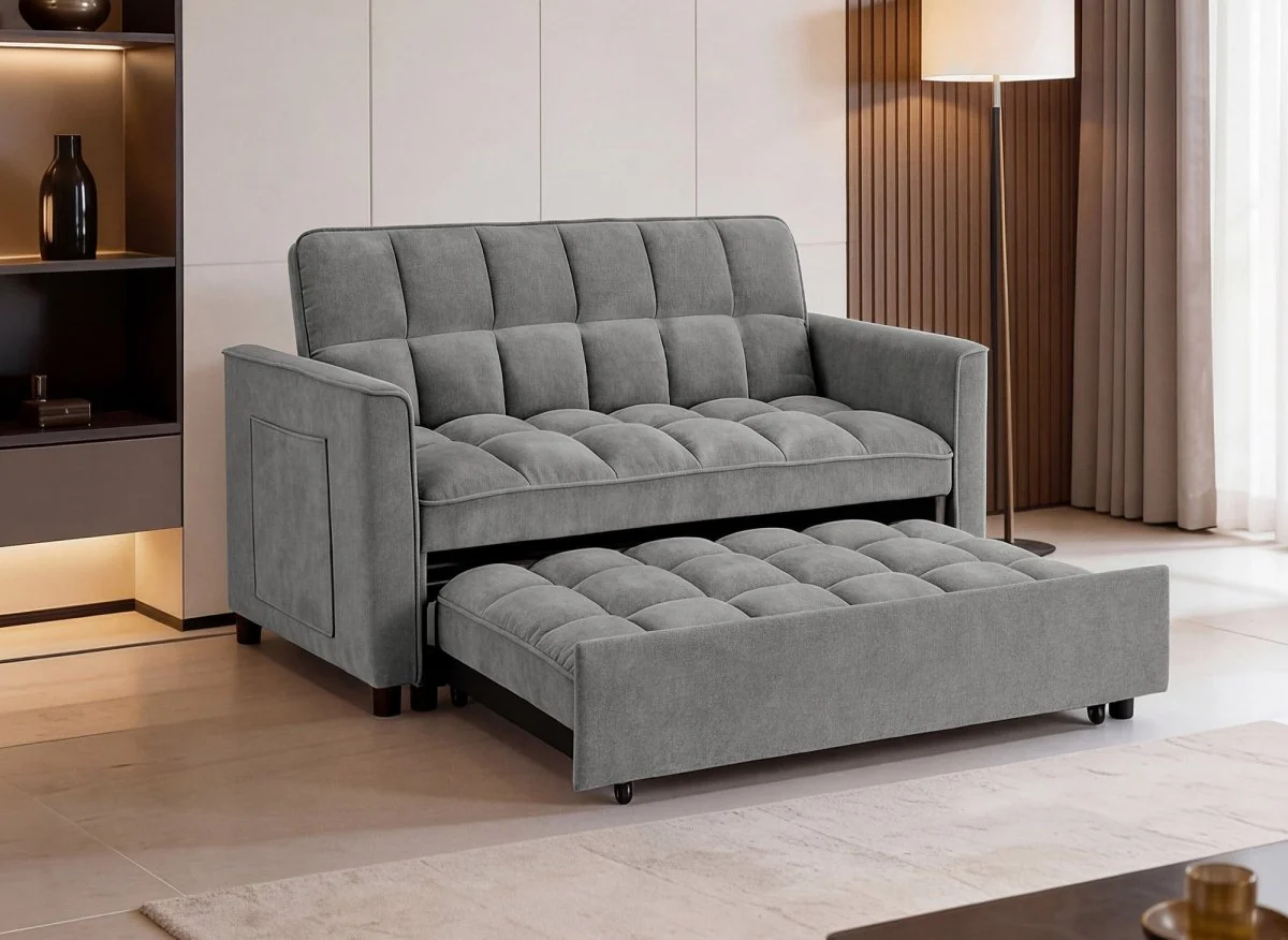 Canapé convertible 2 places en velours texturé gris JASPER - Image 2
