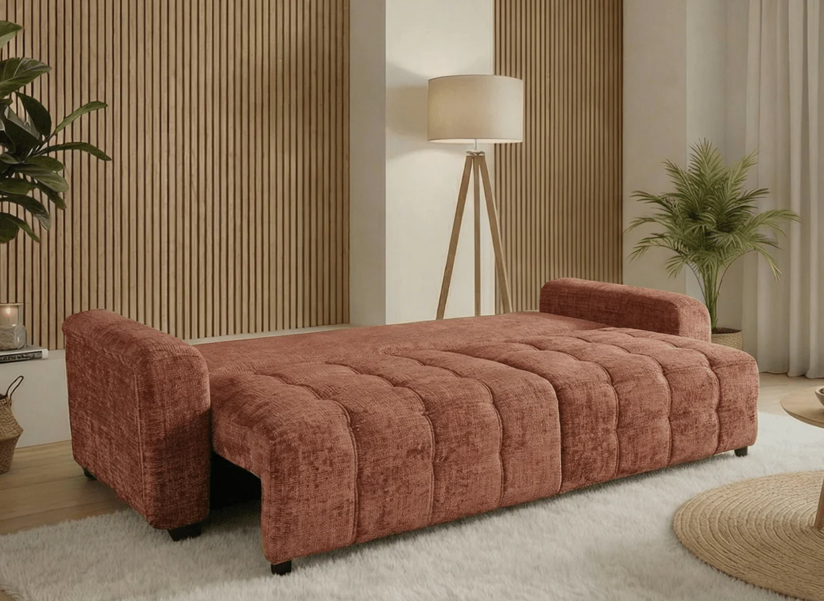 Canapé convertible avec coffre 3 places en velours chiné terracotta RALYA - Image 2