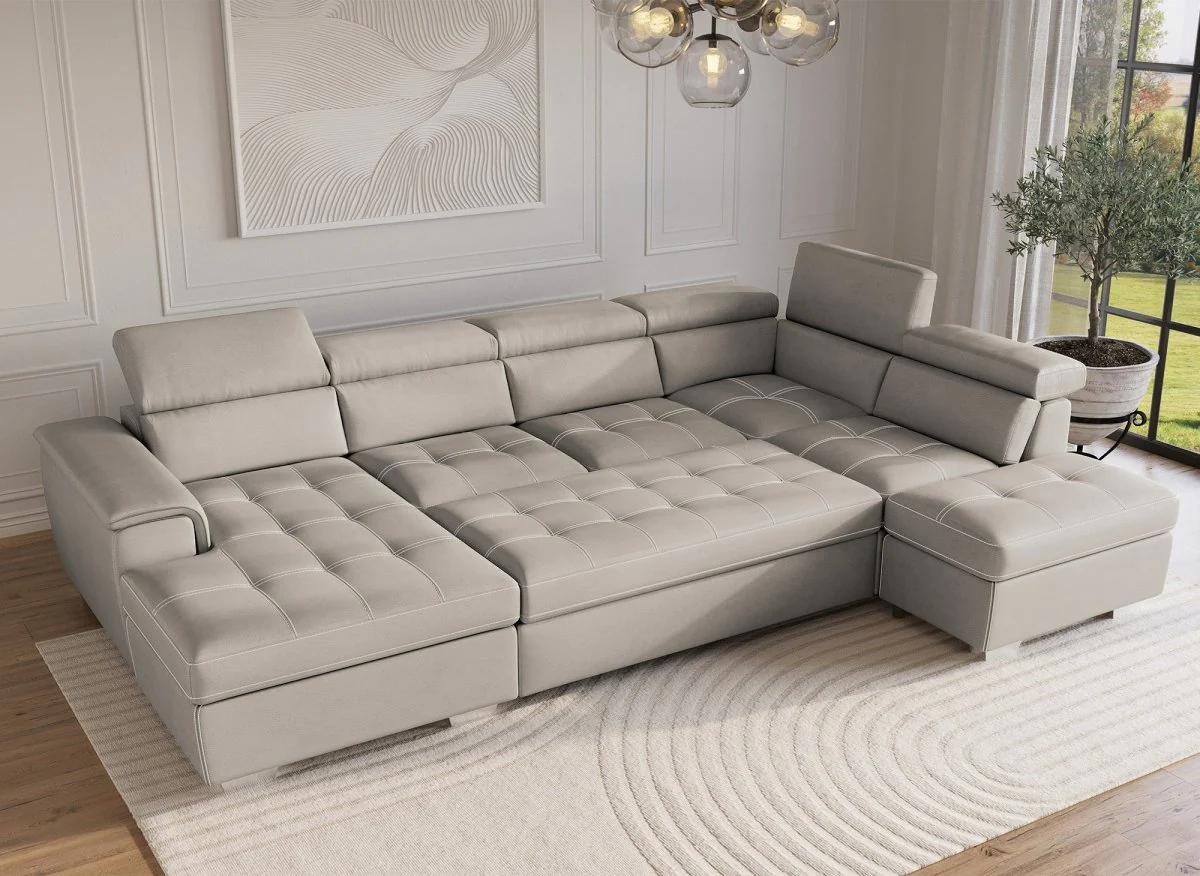 Canapé convertible et panoramique avec coffre de rangement en tissu beige OLIVER - Angle Gauche - Image 3