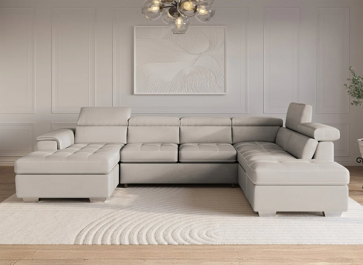 Canapé convertible et panoramique avec coffre de rangement en tissu beige OLIVER - Angle Gauche - Image 4
