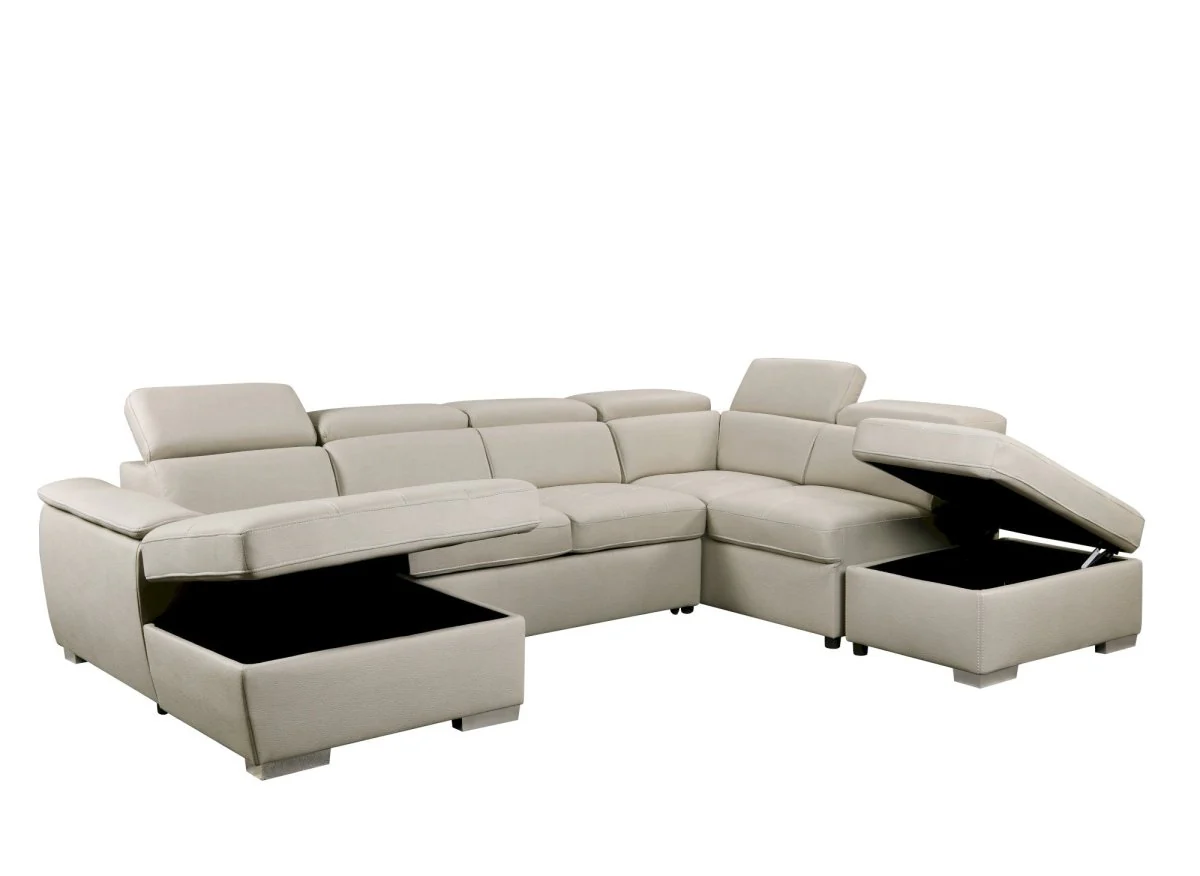 Canapé convertible et panoramique avec coffre de rangement en tissu beige OLIVER - Angle Gauche - Image 6