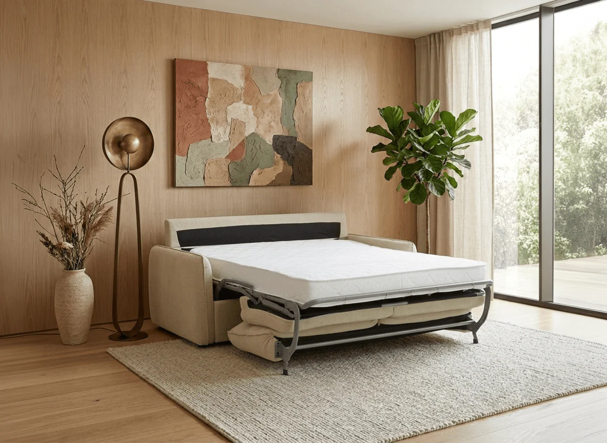 Canapé convertible express 3 places matelas 15 cm en tissu texturé beige ADILIO - Image 2