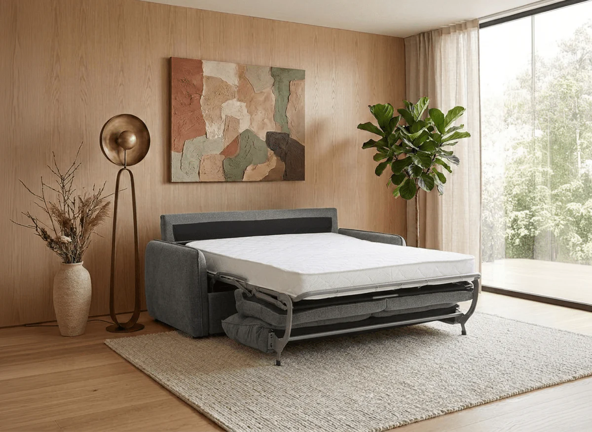 Canapé convertible express 3 places matelas 15 cm en tissu texturé gris ADILIO - Image 2