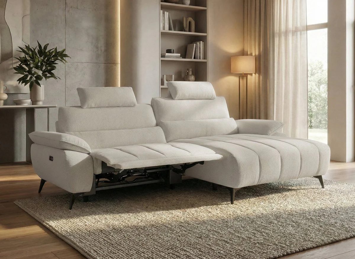 Canapé d’angle relax électrique en velours chiné beige LYANA - Angle droit - Image 2