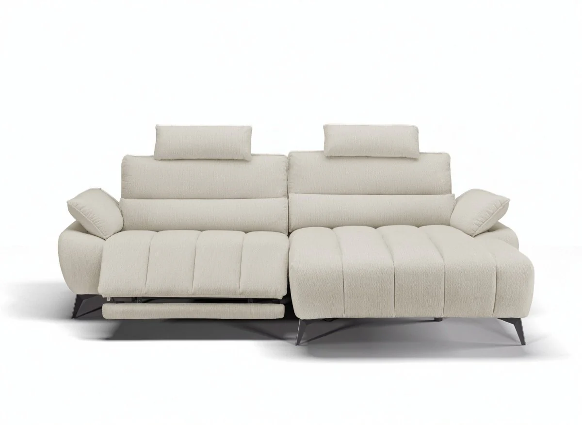 Canapé d’angle relax électrique en velours chiné beige LYANA - Angle droit - Image 6
