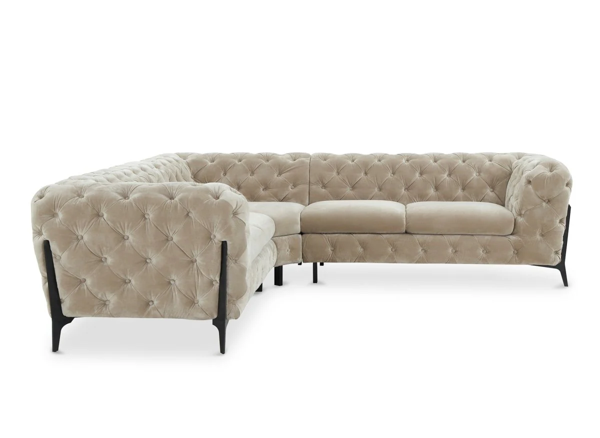 Canapé d'angle fixe capitonné chesterfield velours beige CARMEN - Image 4