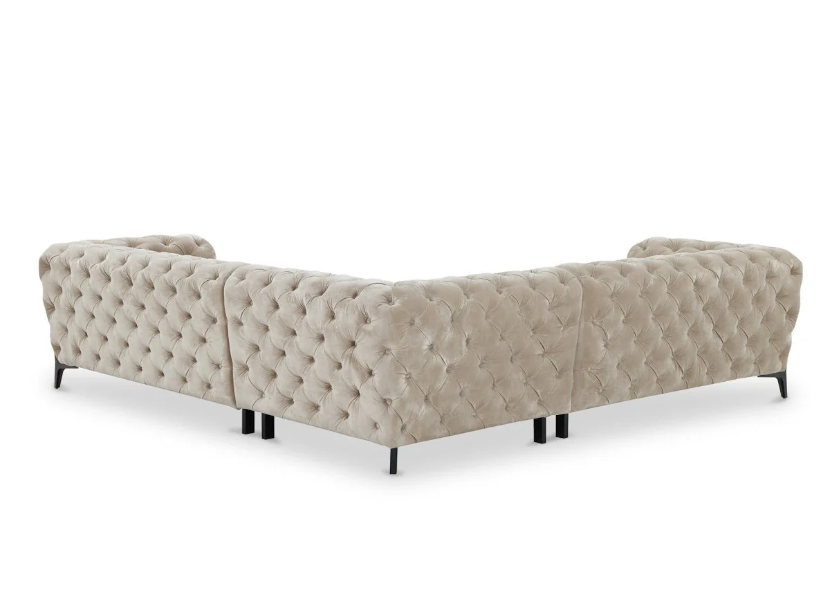 Canapé d'angle fixe capitonné chesterfield velours beige CARMEN - Image 5