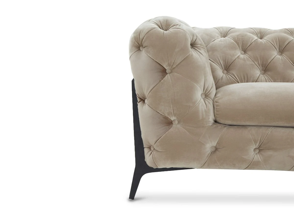 Canapé d'angle fixe capitonné chesterfield velours beige CARMEN - Image 6