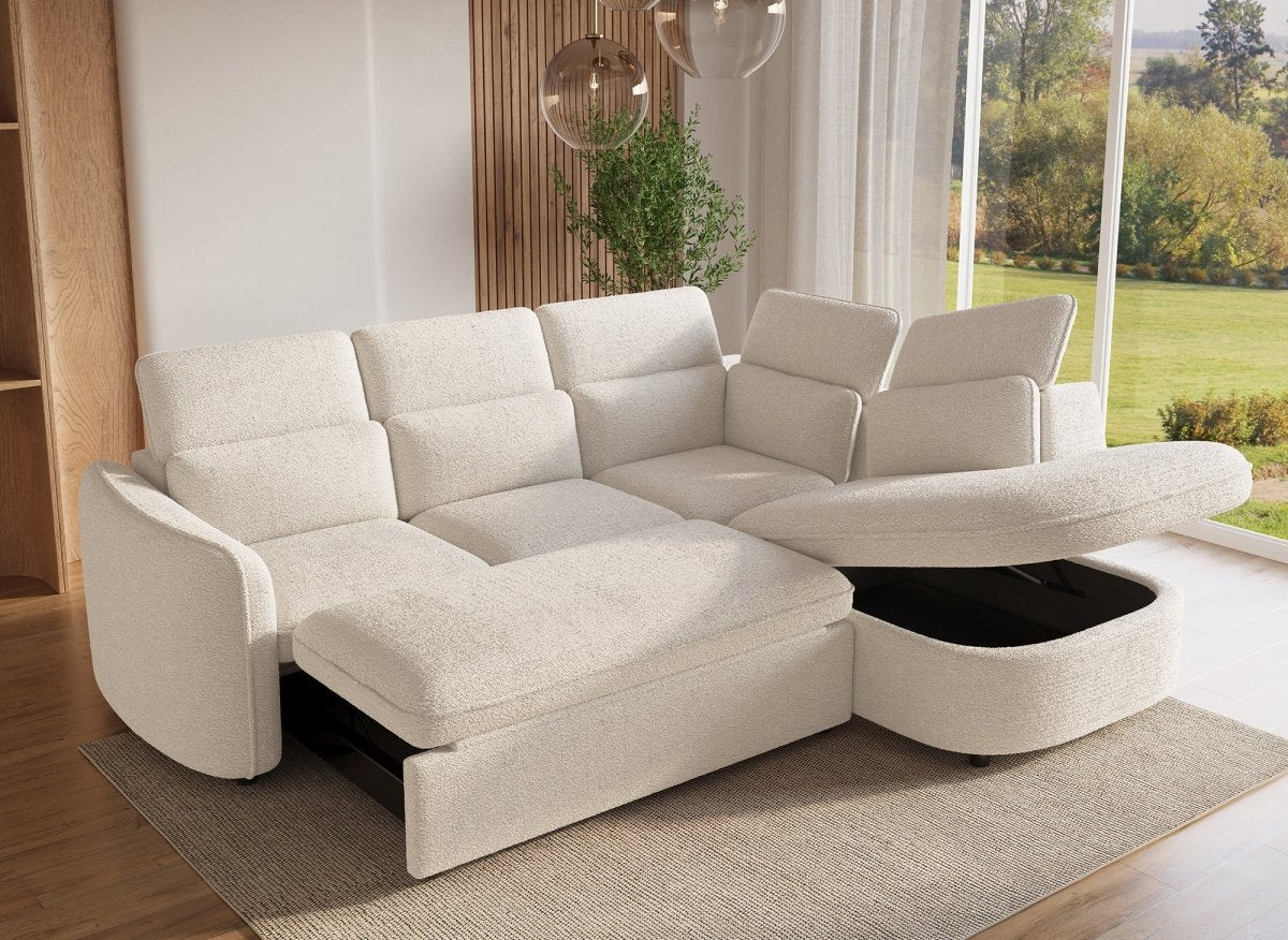 Canapé d'angle convertible avec coffre en tissu bouclette écru BAYA - angle droit - Image 2