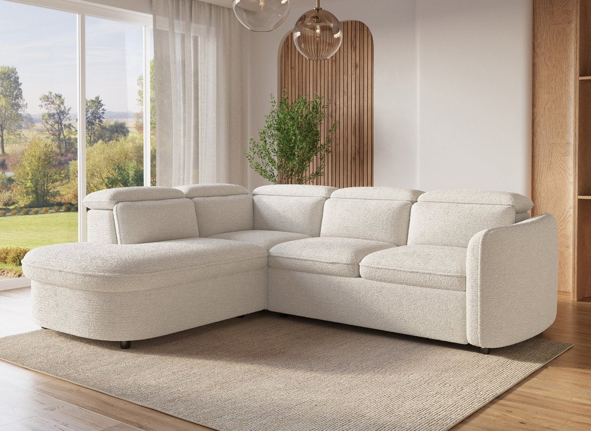 Canapé d'angle convertible avec coffre en tissu bouclette écru BAYA - angle gauche