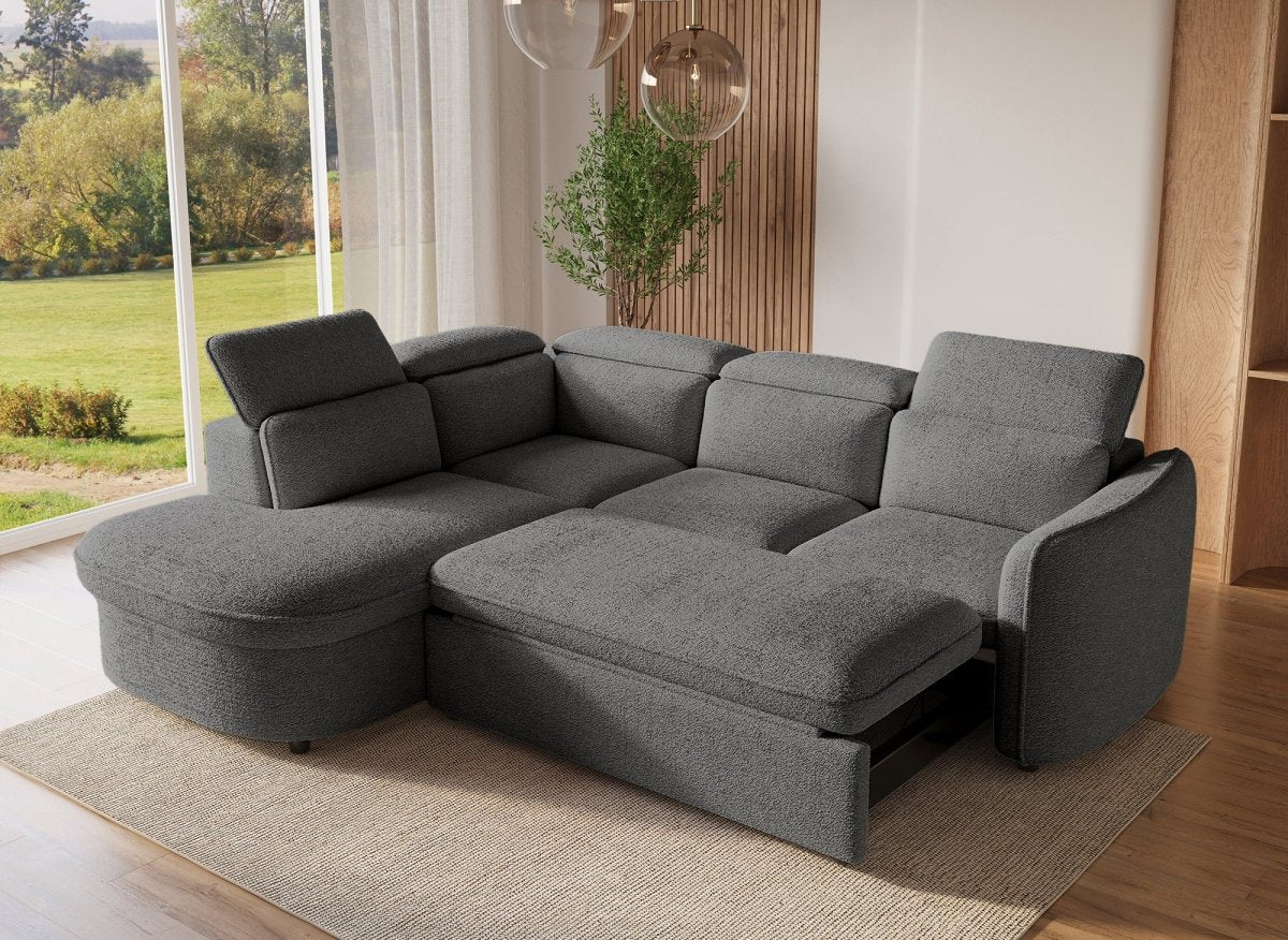Canapé d'angle convertible avec coffre en tissu bouclette gris BAYA - angle gauche - Image 3