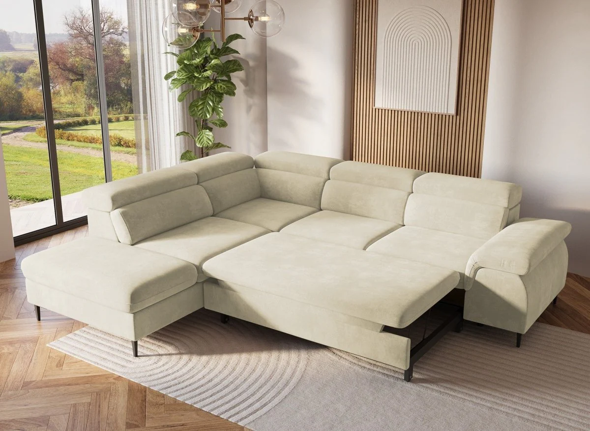 Canapé d'angle convertible avec coffre de rangement en velours beige SWAN - Angle gauche - Image 2
