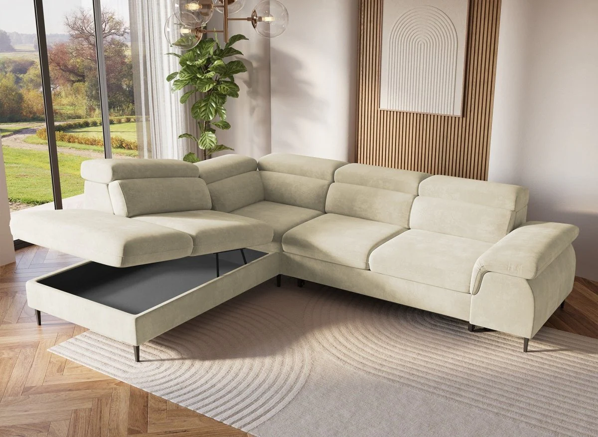 Canapé d'angle convertible avec coffre de rangement en velours beige SWAN - Angle gauche - Image 3