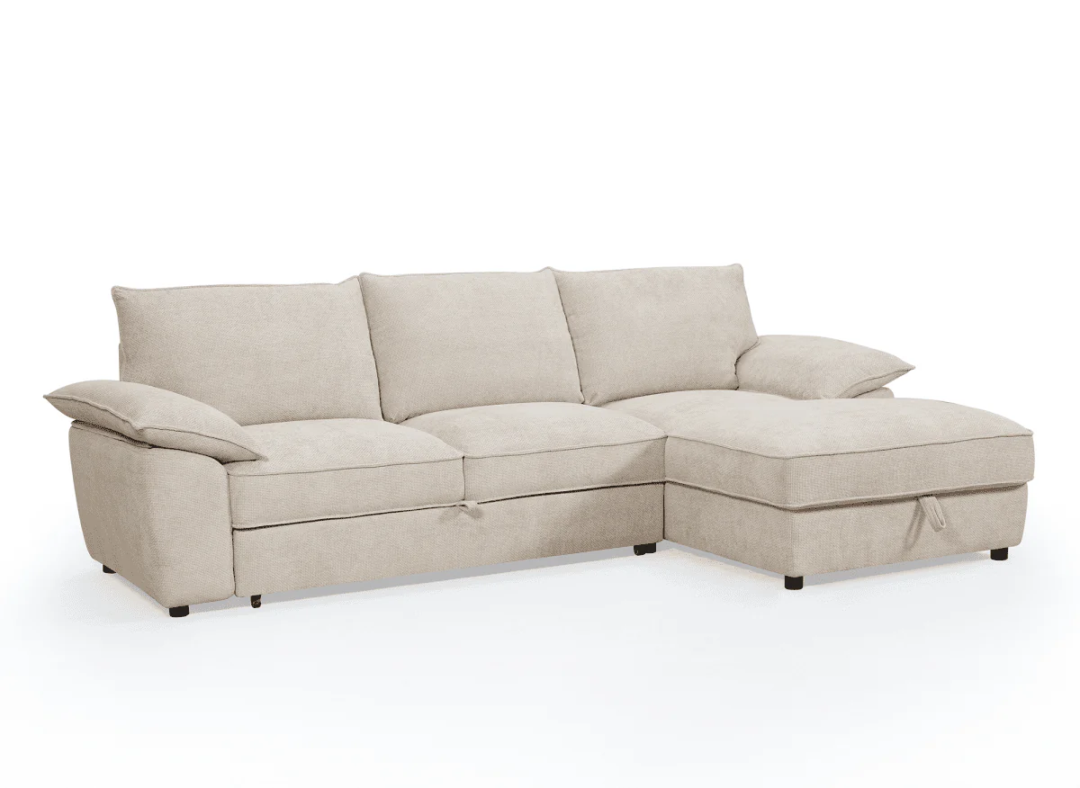 Canapé d'angle convertible avec coffre de rangement en velours chiné beige GABIN - Angle droit - Image 3