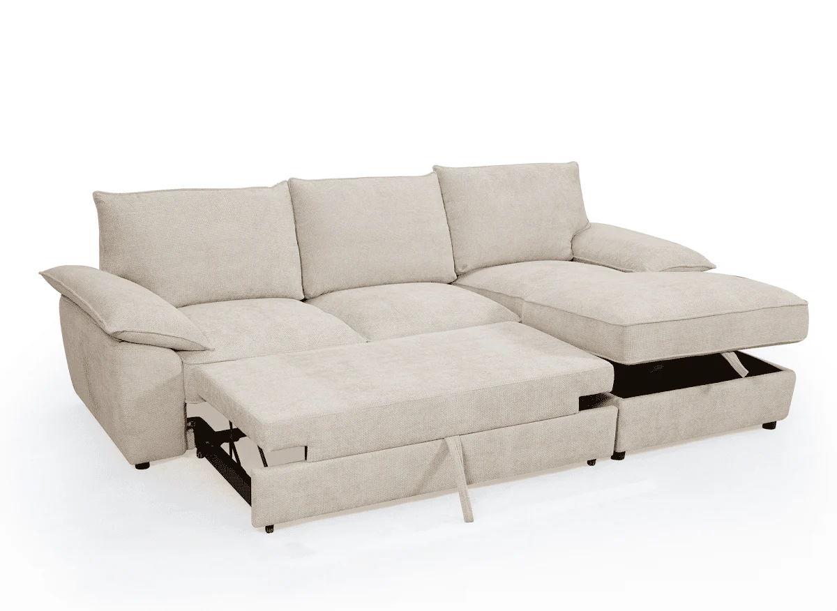 Canapé d'angle convertible avec coffre de rangement en velours chiné beige GABIN - Angle droit - Image 4