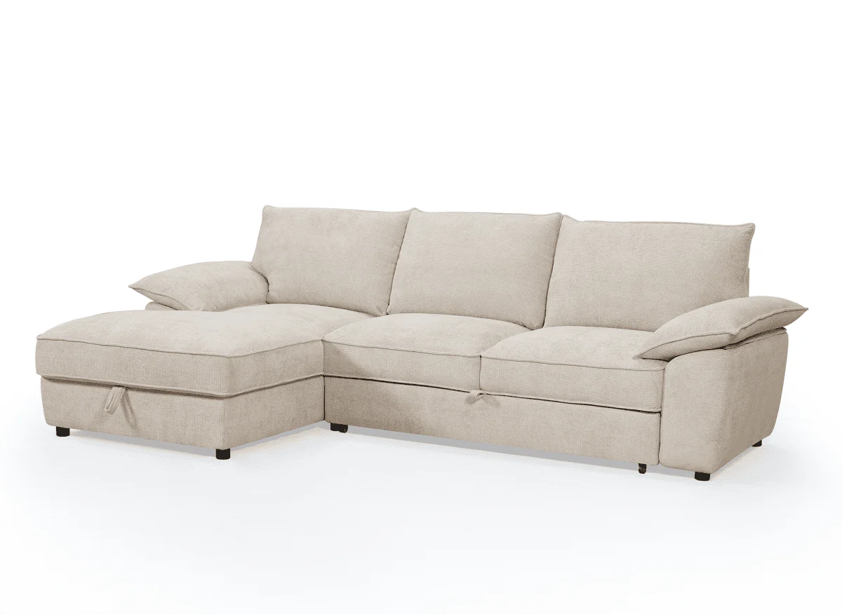 Canapé d'angle convertible avec coffre de rangement en velours chiné beige GABIN - Angle gauche - Image 3