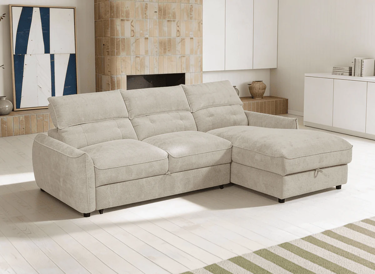 Canapé d'angle convertible avec coffre de rangement en velours chiné beige SAMINA - Angle droit