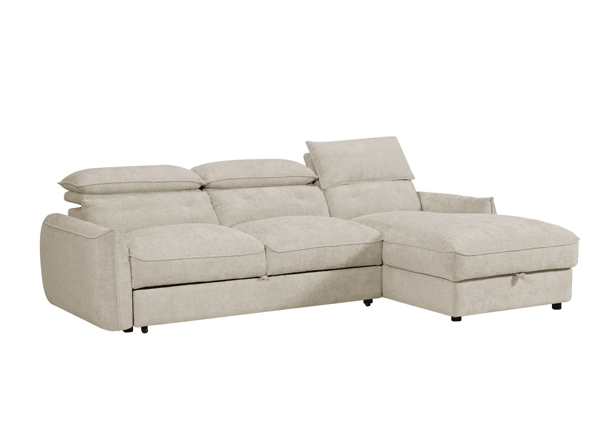 Canapé d'angle convertible avec coffre de rangement en velours chiné beige SAMINA - Angle droit - Image 3