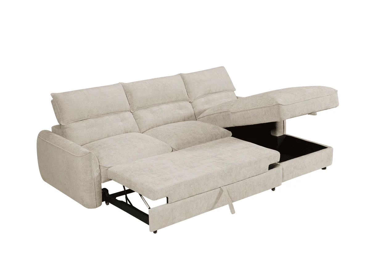 Canapé d'angle convertible avec coffre de rangement en velours chiné beige SAMINA - Angle droit - Image 4