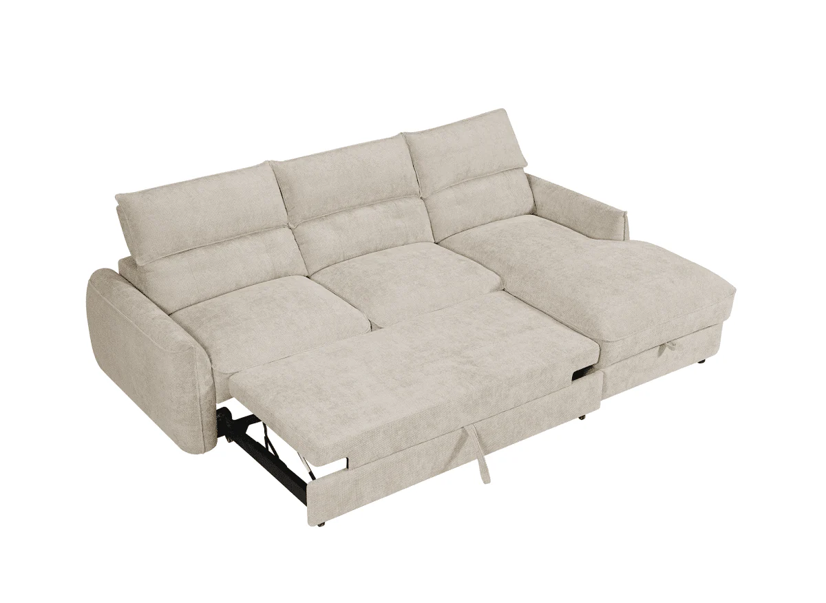 Canapé d'angle convertible avec coffre de rangement en velours chiné beige SAMINA - Angle droit - Image 6