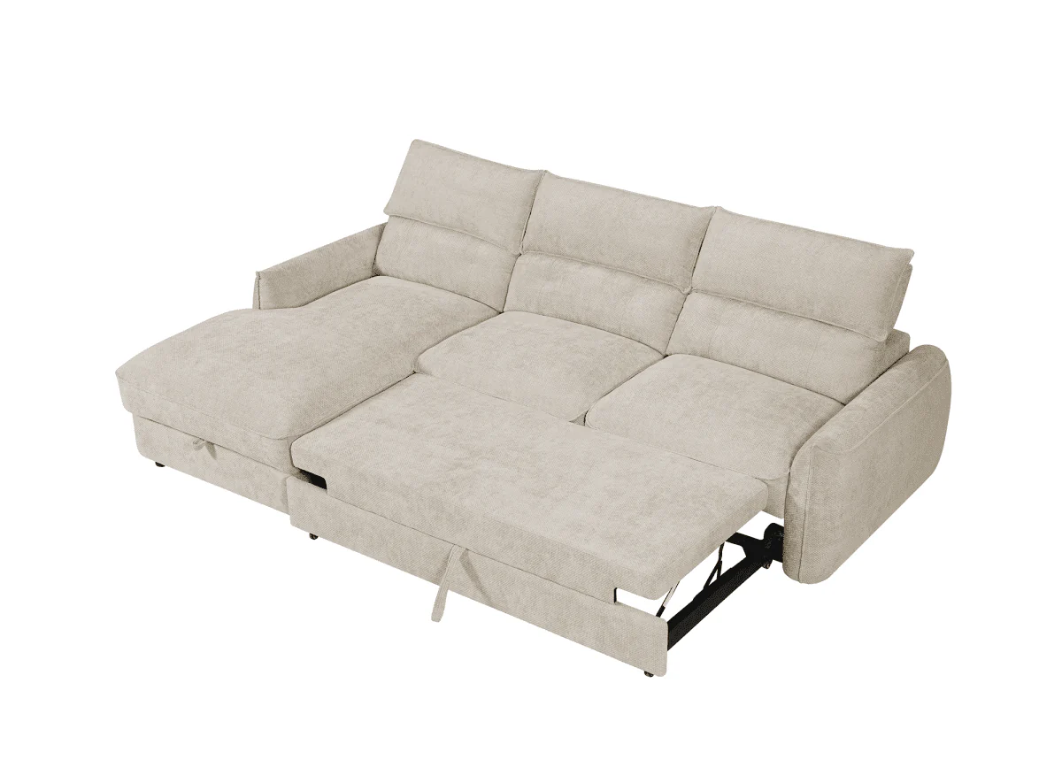Canapé d'angle convertible avec coffre de rangement en velours chiné beige SAMINA - Angle gauche - Image 6