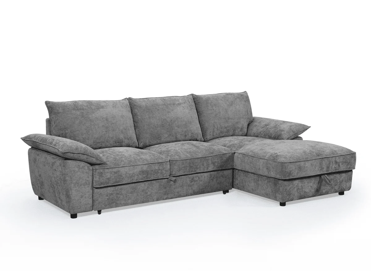 Canapé d'angle convertible avec coffre de rangement en velours chiné gris GABIN - Angle droit - Image 3