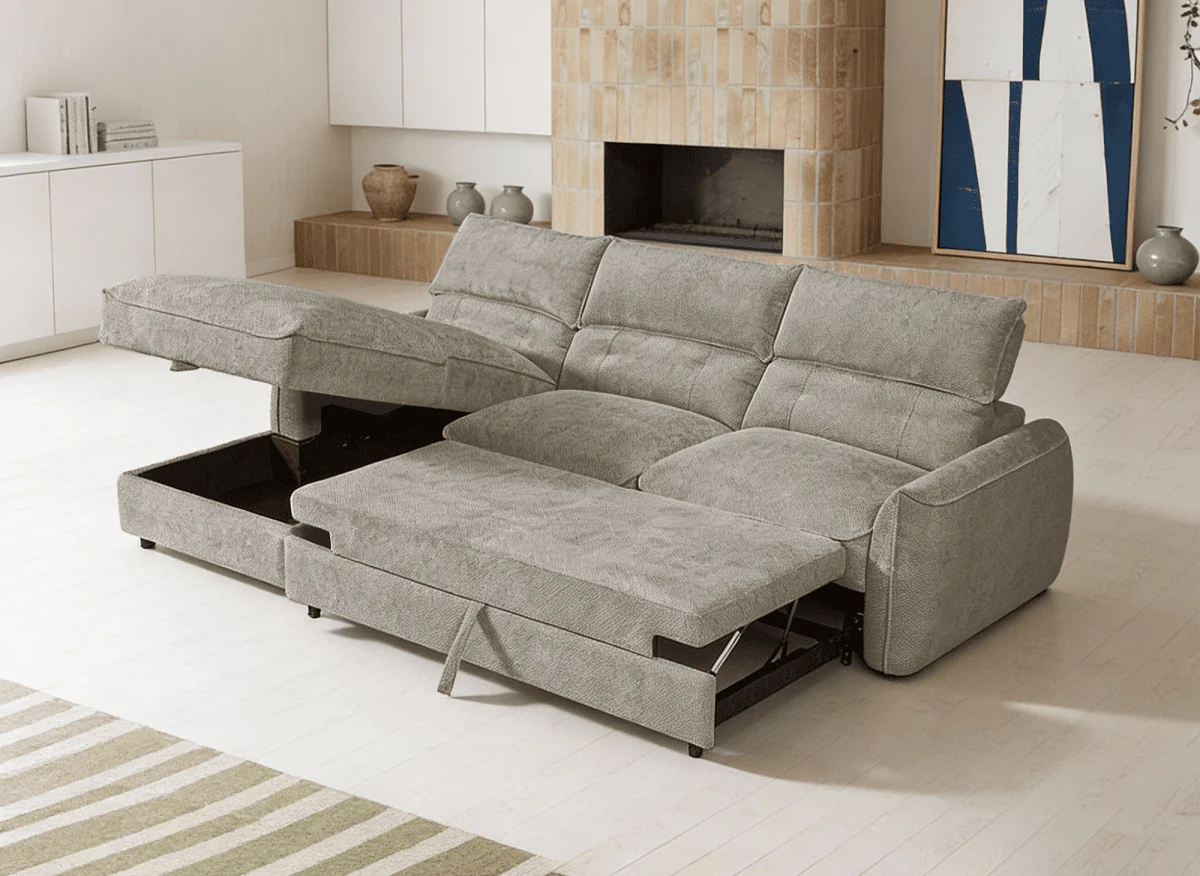 Canapé d'angle convertible avec coffre de rangement en velours chiné taupe SAMINA - Angle gauche - Image 2