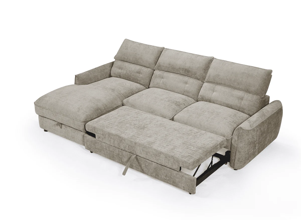 Canapé d'angle convertible avec coffre de rangement en velours chiné taupe SAMINA - Angle gauche - Image 6