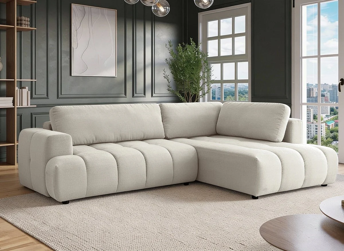 Canapé d'angle convertible avec coffre en tissu beige HAVEN - Angle droit