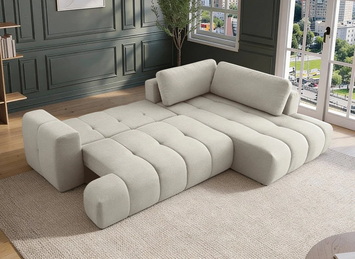 Canapé d'angle convertible avec coffre en tissu beige HAVEN - Angle droit - Image 2