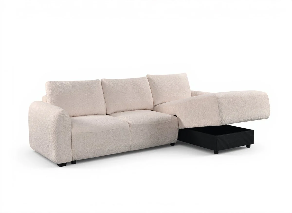 Canapé d'angle convertible avec coffre en tissu bouclette beige MARLA - Angle droit - Image 5