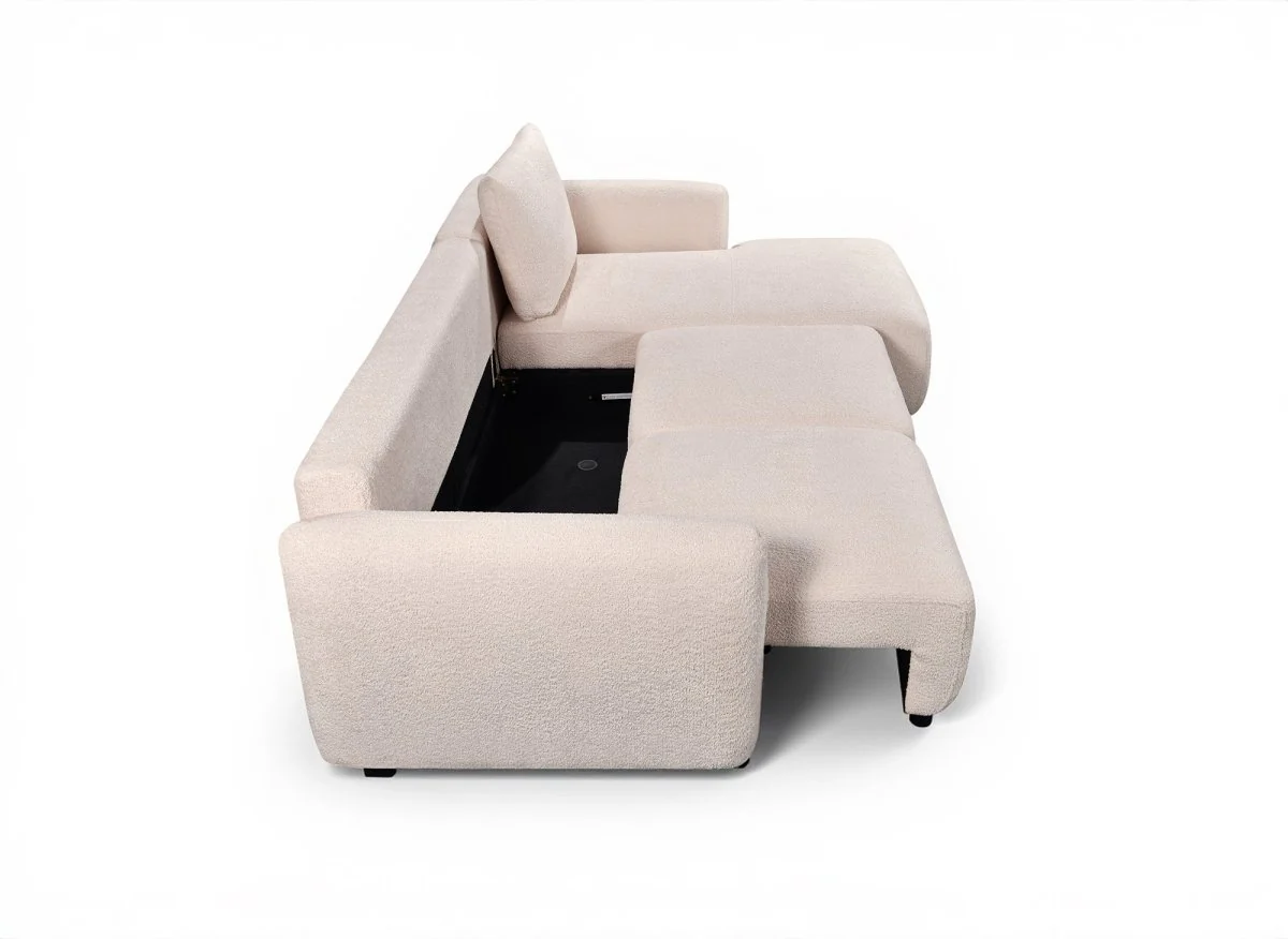 Canapé d'angle convertible avec coffre en tissu bouclette beige MARLA - Angle droit - Image 6
