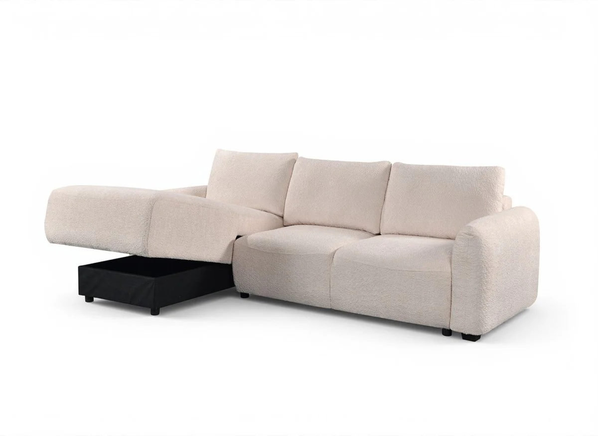 Canapé d'angle convertible avec coffre en tissu bouclette beige MARLA - Angle gauche - Image 5